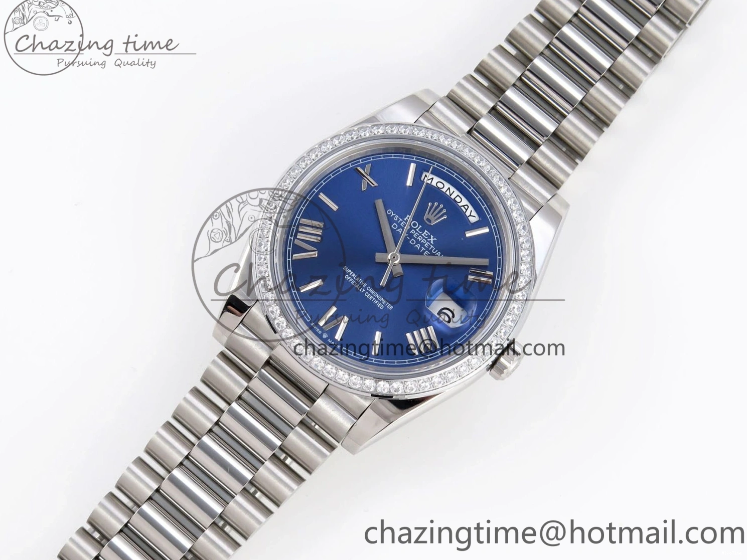 MiroTime 0426 QuickDry DayDate 40 SS GSF Gain Weight Blue Roman Dial Diamonds Bezel on President Bracelet A 1917